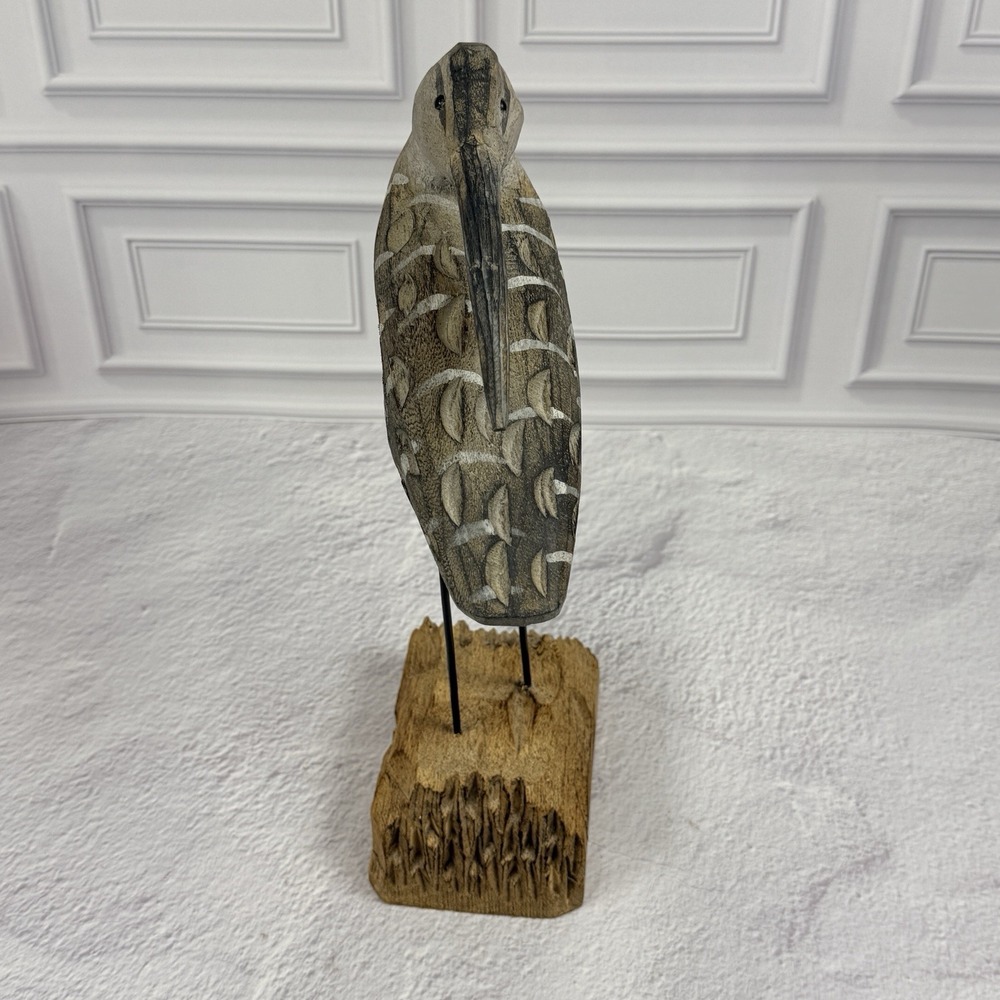 Hand Carved Wooden Egret Shorebird Sculpture Coastal Beach Decor Rustic Bird Art - Picture 6 of 16